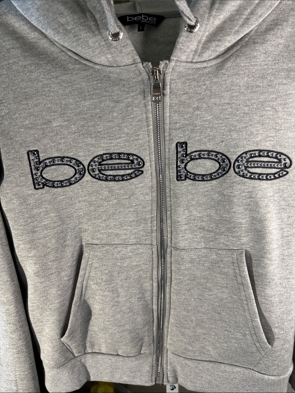bebe Light Gray Zip-Up Hoodie with Logo, size L - Picture 2 of 4